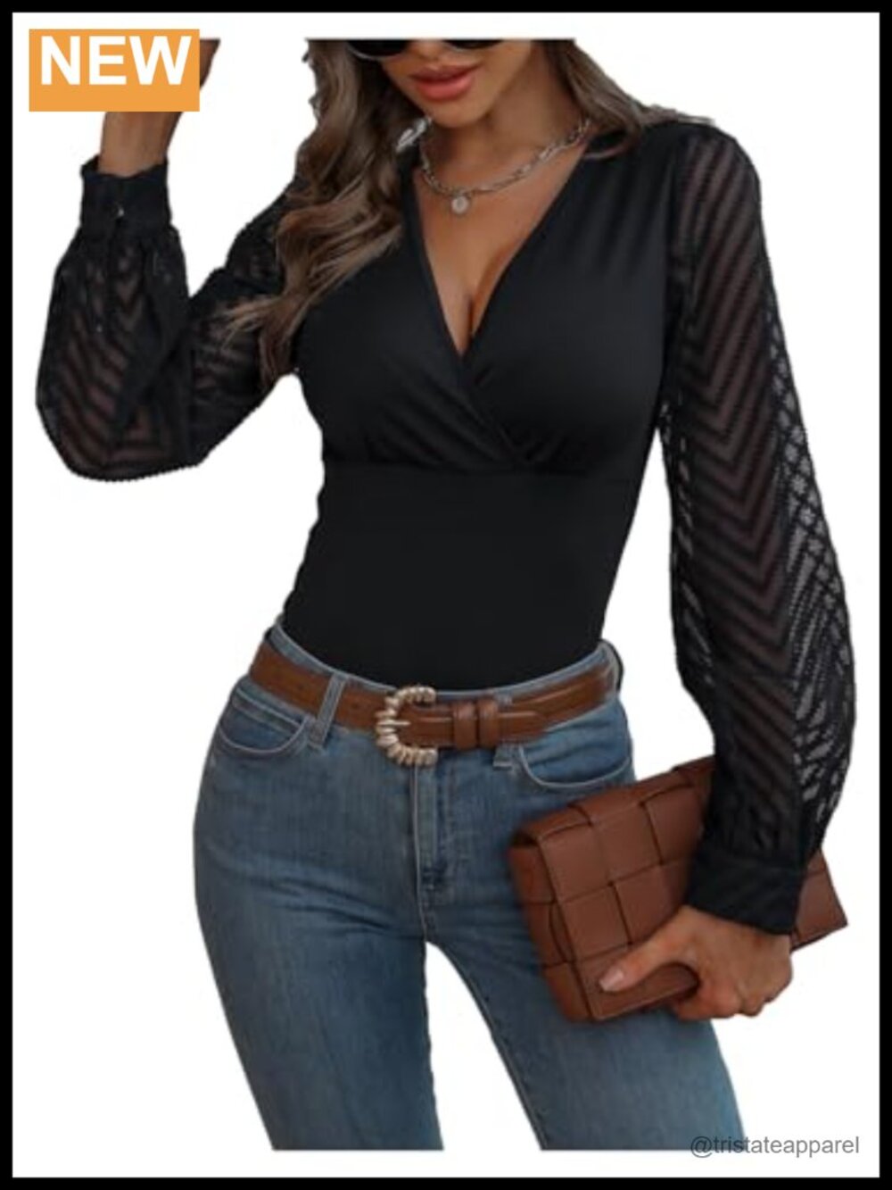 Women's Mesh Sheer Lantern Sleeve Wrap V-Neck Blouse